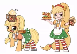 Size: 900x636 | Tagged: alcohol, apple, applejack, artist:kongyi, cake, cider, clothes, derpibooru import, drink, eared humanization, food, human, humanized, human ponidox, looking at you, maid, safe, simple background, tailed humanization, tray, wink