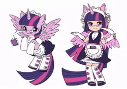 Size: 900x636 | Tagged: artist:kongyi, clothes, derpibooru import, eared humanization, horned humanization, human, humanized, human ponidox, looking at you, maid, safe, simple background, tailed humanization, tray, twilight sparkle, twilight sparkle (alicorn), winged humanization