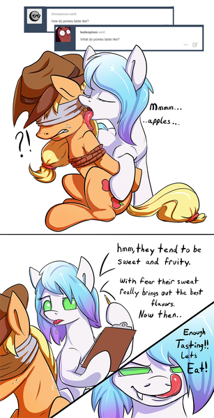 Size: 900x1759 | Tagged: suggestive, artist:ponythroat, derpibooru import, applejack, oc, oc:vorepone, blindfold, bondage, clipboard, comic, dialogue, drool, fangs, imminent vore, licking, licking lips, pencil, tied up, tongue out