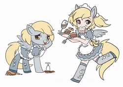 Size: 1024x724 | Tagged: artist:kongyi, clothes, cute, derpabetes, derpibooru import, derpy hooves, drink, eared humanization, human, humanized, human ponidox, looking at you, maid, safe, simple background, tailed humanization, tray, winged humanization