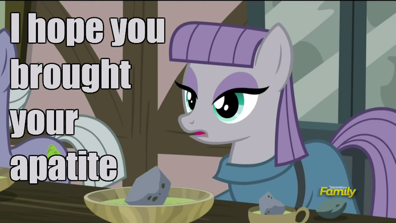 Size: 960x540 | Tagged: caption, derpibooru import, edit, edited screencap, food, geology, hearthbreakers, image macro, joke, maud pie, meme, pun, rock pun, rock soup, safe, screencap, solo, soup