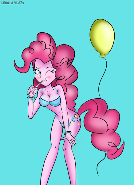 Size: 1024x1408 | Tagged: suggestive, artist:lennonblack, derpibooru import, pinkie pie, equestria girls, balloon, blue underwear, bra, breasts, cleavage, clothes, female, panties, polka dot underwear, solo, solo female, underwear