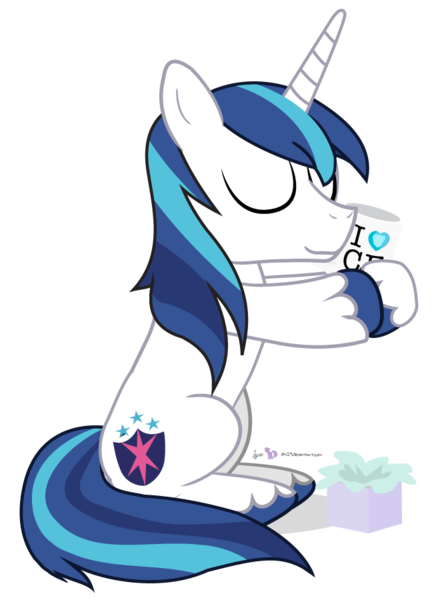 Size: 660x900 | Tagged: safe, artist:dm29, derpibooru import, shining armor, pony, unicorn, colored hooves, crystal empire, crystal heart, cute, eyes closed, holding, holding a mug, hug, male, mug, present, shining adorable, simple background, sitting, smiling, solo, stallion, transparent background, vector