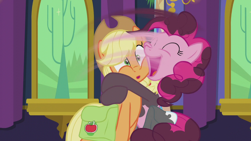 Size: 1280x720 | Tagged: applejack, derpibooru import, great moments in animation, hearthbreakers, hug, pinkie pie, safe, screencap, smear frame, soot