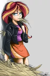Size: 750x1132 | Tagged: safe, artist:ncmares, derpibooru import, sunset shimmer, human, equestria girls, clothes, cute, cutie mark on clothes, eating, female, hay, homesick shimmer, humanized, humans doing horse things, jacket, leather jacket, looking at you, ncmares is trying to murder us, shimmerbetes, shirt, skirt, solo, standing, sunset wants her old digestive system back