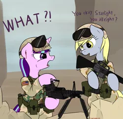 Size: 3089x3000 | Tagged: semi-grimdark, artist:orang111, derpibooru import, derpy hooves, starlight glimmer, pegasus, pony, assault rifle, black hawk down, bleeding, deaf, female, gun, m16, m16a2, m60, machine gun, mare, military, military uniform, movie reference, us army