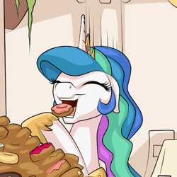 Size: 400x400 | Tagged: safe, artist:mysticalpha, derpibooru import, princess celestia, pony, animated, cute, donut, donutlestia, eating, eyes closed, female, floppy ears, food, gluttony, happy, hoof hold, loop, mare, open mouth, smiling, solo, this will end in weight gain, throwing