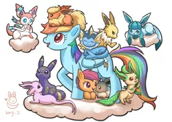 Size: 900x636 | Tagged: safe, artist:kongyi, derpibooru import, part of a set, rainbow dash, scootaloo, eevee, espeon, flareon, glaceon, jolteon, leafeon, pegasus, pony, sylveon, umbreon, vaporeon, backwards cutie mark, crossover, cute, cutealoo, eeveelutions, female, filly, mare, pokémon, simple background, white background