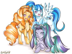 Size: 3391x2533 | Tagged: safe, artist:torikat, derpibooru import, adagio dazzle, aria blaze, sonata dusk, ponified, earth pony, pegasus, pony, unicorn, equestria girls, colored, commission, equestria girls ponified, nightmare nights dallas, nightmare nights dallas 2015, sketch