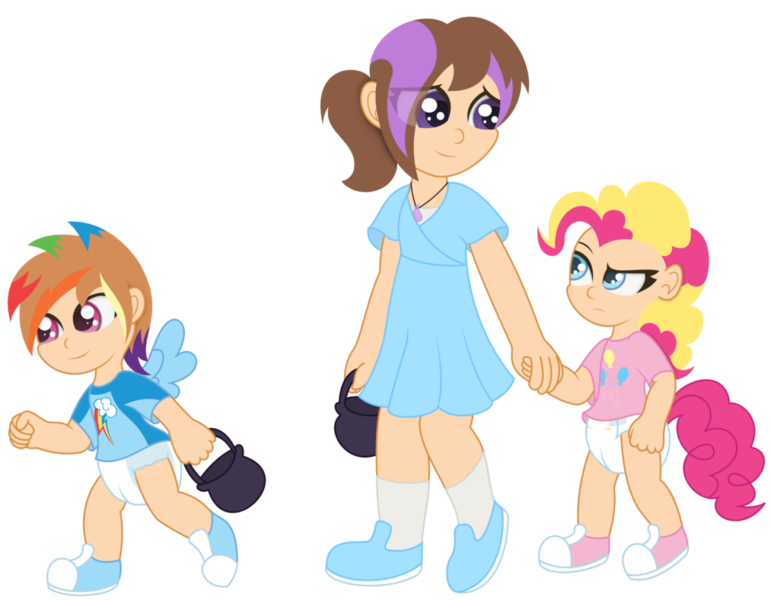 Size: 1013x788 | Tagged: age regression, artist:the-crusader-network, cute, derpibooru import, diaper, human, humanized, non-mlp oc, oc, pinkie pie, poofy diaper, pullup (diaper), rainbow dash, safe, simple background, transparent background, trick or treat