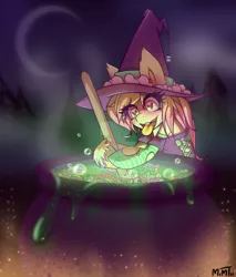 Size: 1024x1200 | Tagged: safe, artist:mimtii, derpibooru import, oc, unofficial characters only, cauldron, clothes, hat, heart eyes, moon, solo, wingding eyes, witch