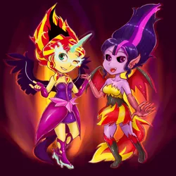 Size: 1200x1200 | Tagged: safe, artist:terpa-apret, derpibooru import, sci-twi, sunset shimmer, twilight sparkle, equestria girls, friendship games, black sclera, costume swap, holding hands, midnight sparkle, midnightsatan, pixiv, sunset satan