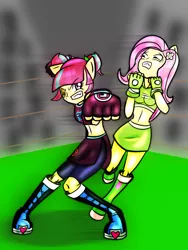 Size: 600x800 | Tagged: safe, artist:rockzerox, derpibooru import, fluttershy, sour sweet, equestria girls, friendship games, spoiler:the accompanied, belly button, clothes, exeron fighters, exeron gloves, midriff, sports bra