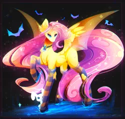 Size: 2022x1922 | Tagged: safe, artist:koveliana, derpibooru import, angel bunny, fluttershy, bat pony, pony, chromatic aberration, clothes, color porn, flutterbat, socks, striped socks