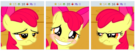 Size: 470x182 | Tagged: safe, derpibooru import, screencap, apple bloom, earth pony, pony, derpibooru, one bad apple, adorabloom, angry, bow, cropped, cute, exploitable meme, female, filly, forced juxtaposition, grin, hair bow, juxtaposition, juxtaposition win, meme, meta, smiling, unamused