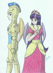 Size: 2153x2998 | Tagged: safe, artist:yumeiko-chan, derpibooru import, flash sentry, twilight sparkle, twilight sparkle (alicorn), human, armor, blushing, clothes, dress, female, flashlight, humanized, male, shipping, straight, winged humanization