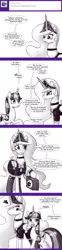 Size: 475x1920 | Tagged: suggestive, artist:deusexequus, derpibooru import, princess celestia, twilight sparkle, twilight sparkle (alicorn), alicorn, pony, ask the princess of friendship with benefits, ask, bag, candy, clothes, comic, costume, dialogue, female, maid, mare, monochrome, nightmare night, raised hoof, speech bubble, tumblr