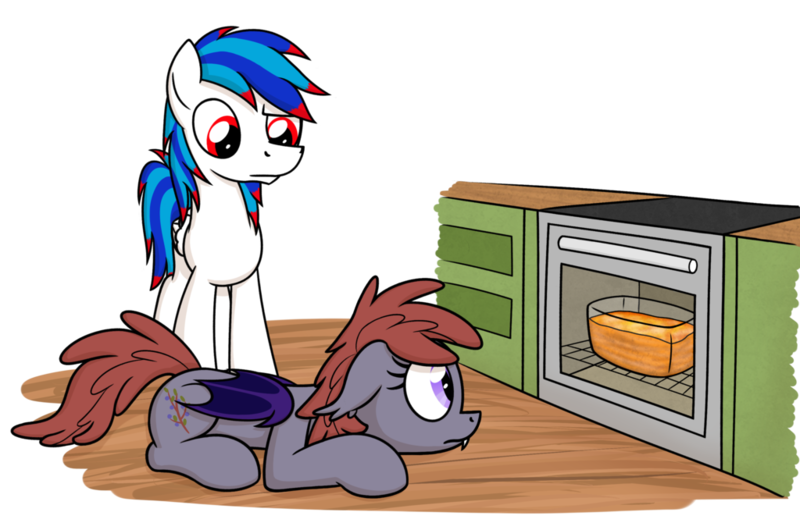 Size: 1024x670 | Tagged: safe, artist:moemneop, derpibooru import, oc, oc:kami, oc:lukida, unofficial characters only, bat pony, pegasus, pony, lasagna, lukami, oven, prone