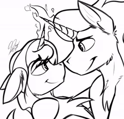 Size: 676x649 | Tagged: safe, artist:ralek, derpibooru import, idw, king sombra, radiant hope, crystal pony, pony, spoiler:comic, spoiler:comicfiendshipismagic1, black and white, boop, female, grayscale, heart, hopebra, magic, male, noseboop, shipping, sketch, straight