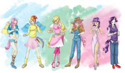 Size: 900x529 | Tagged: abs, applejack, applejack also dresses in style, artist:sehad, clothes, clothes swap, derpibooru import, fluttershy, girly, horned humanization, human, humanized, pinkie pie, rainbow dash, rainbow dash always dresses in style, rarity, safe, sandals, simple background, socks, tailed humanization, tomboy taming, twilight sparkle, winged humanization