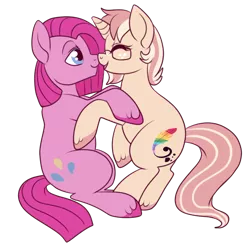 Size: 500x511 | Tagged: safe, artist:lulubell, derpibooru import, pinkie pie, oc, oc:lulubell, boop, bubble berry, bubblini davinci berry, canon x oc, female, male, pinkamena diane pie, rule 63, shipping, simple background, straight, transparent background