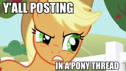 Size: 600x338 | Tagged: safe, derpibooru import, edit, edited screencap, screencap, applejack, earth pony, pony, applejack's hat, artifact, cowboy hat, female, hat, image macro, impact font, mare, meme, reaction, solo, text, y'all