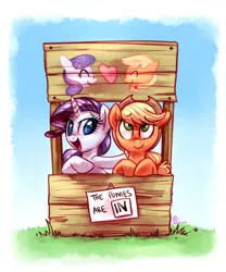 Size: 3500x4200 | Tagged: safe, artist:whitediamonds, derpibooru import, applejack, rarity, made in manehattan, booth, cute, female, friendship advice, heart, lesbian, looking at you, looking up, lucy's advice booth, open mouth, peanuts, rarijack, rarijack daily, reference, shipping, smiling