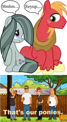 Size: 640x1150 | Tagged: safe, artist:osipush, derpibooru import, edit, big macintosh, marble pie, earth pony, pony, hearthbreakers, alley, beer, bill dauterive, boomhauer, dale gribble, eeyup, exploitable meme, hank hill, king of the hill, male, marblemac, meme, shipping, speech bubble, stallion, straight, that's my pony, that's my x