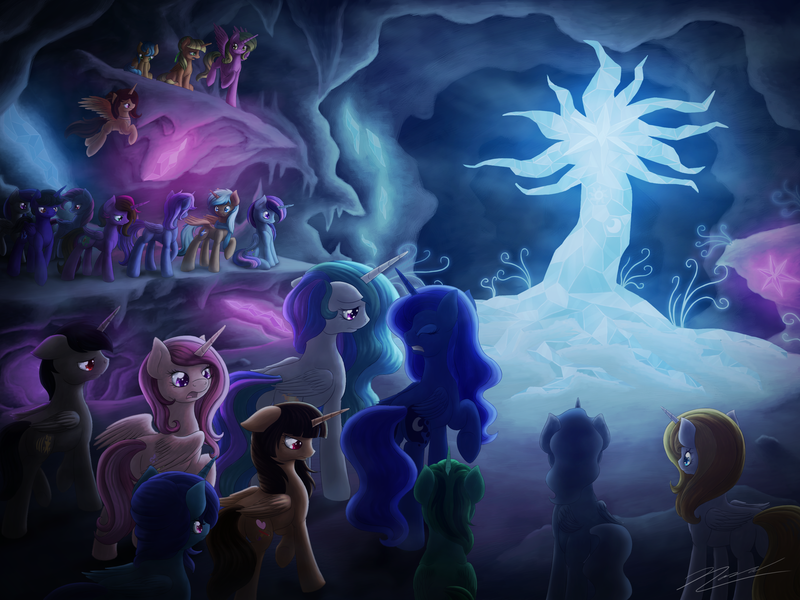 Size: 3200x2400 | Tagged: safe, artist:novaintellus, derpibooru import, fleur-de-lis, princess celestia, princess luna, tree of harmony, oc, oc:spring beauty, alicorn, pony, alicorn oc, cave, cave of harmony, crystal, female, mare, princess, royal sisters