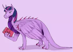 Size: 850x600 | Tagged: artist:dragoncuali, book, derpibooru import, dragon, dragonified, feathered dragon, purple background, safe, simple background, solo, species swap, twilidragon, twilight sparkle, twilight sparkle (alicorn)