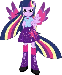 Size: 6780x8096 | Tagged: safe, artist:illumnious, derpibooru import, twilight sparkle, twilight sparkle (alicorn), equestria girls, absurd resolution, boots, clothes, colored wings, high heel boots, leg warmers, looking at you, multicolored wings, ponied up, ponyscape, ponytail, rainbow hair, rainbow power, rainbow power-ified, rainbow tail, rainbow wings, simple background, skirt, solo, transparent background, vector, wings