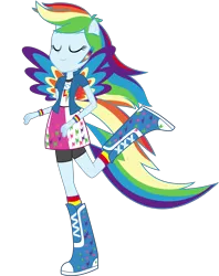 Size: 8307x10508 | Tagged: safe, artist:illumnious, derpibooru import, rainbow dash, equestria girls, absurd resolution, boots, bracelet, clothes, colored wings, eyes closed, jewelry, multicolored wings, ponied up, ponyscape, ponytail, rainbow power, rainbow power-ified, rainbow tail, rainbow wings, raised leg, simple background, skirt, socks, solo, transparent background, vector, wings, wristband