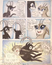 Size: 1080x1348 | Tagged: safe, artist:thefriendlyelephant, derpibooru import, oc, oc:sabe, oc:uganda, unofficial characters only, antelope, giant sable antelope, comic:sable story, animal in mlp form, cloven hooves, comic, dialogue, duo, excited, glomp, horns, smiling, speech bubble, that escalated quickly, thought bubble, traditional art