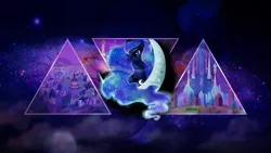 Size: 1920x1080 | Tagged: safe, artist:fantazyme, artist:spltfyre, derpibooru import, princess luna, alicorn, pony, bubble, crescent moon, crystal castle, female, galaxy, mare, ponyville, solo, triangle, vector, wallpaper