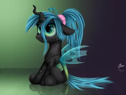 Size: 1600x1200 | Tagged: alternate hairstyle, artist:luminousdazzle, cute, cutealis, derpibooru import, female, floppy ears, nymph, ponytail, queen chrysalis, safe, scrunchie, sitting, smiling, solo, young, younger