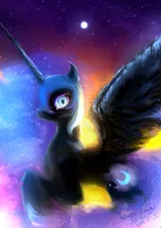 Size: 1000x1412 | Tagged: alicorn, artist:shakuchan, derpibooru import, flying, looking at you, moon, night, nightmare moon, safe, solo, stars