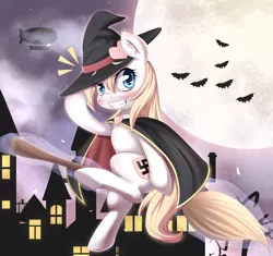 Size: 2064x1944 | Tagged: safe, artist:aryanne, derpibooru import, oc, oc:aryanne, unofficial characters only, bat, cat, earth pony, pony, blushing, broom, cloak, clothes, crest, female, flying, flying broomstick, fog, full moon, halloween, hat, heart, magic, moon, nazi, night, riding, sitting, smiling, solo, spooky, swastika, town, tree, witch, zeppelin