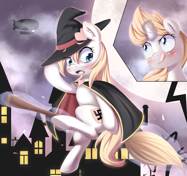 Size: 2064x1944 | Tagged: safe, artist:aryanne, derpibooru import, oc, oc:aryanne, oc:franziska, unofficial characters only, bat, cat, earth pony, pony, unicorn, aryan, aryan pony, aryanbetes, blonde, blushing, broom, cloak, clothes, comic, crest, cute, female, flying, flying broomstick, fog, full moon, halloween, hat, heart, levitation, looking down, magic, moon, nazi, nazipone, night, riding, sitting, smiling, spooky, swastika, sweat, tongue out, town, tree, witch, zeppelin