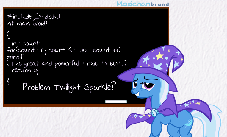 Size: 763x460 | Tagged: safe, artist:maxiblash, derpibooru import, trixie, pony, unicorn, boasting, c, chalkboard, code, error, female, mare, programming, smirk, solo, trollface