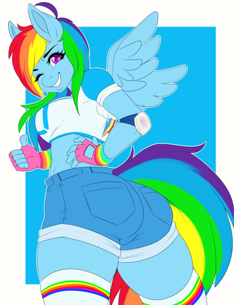 Size: 690x900 | Tagged: anthro, artist:kammymau, ass, clothes, derpibooru import, elbow pads, female, fingerless gloves, gloves, grin, hot pants, rainbow dash, rainbutt dash, shirt, socks, solo, solo female, suggestive, the ass was fat, thigh highs, thumbs up, wink