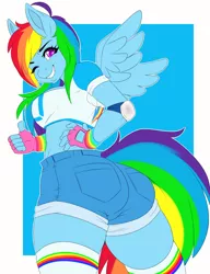 Size: 690x900 | Tagged: anthro, artist:kammymau, ass, clothes, derpibooru import, elbow pads, female, fingerless gloves, gloves, grin, hot pants, rainbow dash, rainbutt dash, shirt, socks, solo, solo female, suggestive, the ass was fat, thigh highs, thumbs up, wink