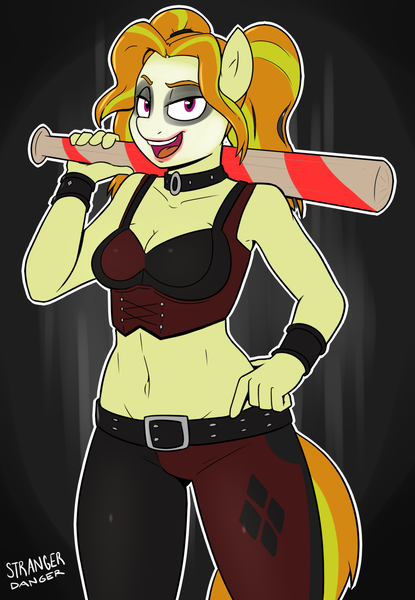 Size: 913x1321 | Tagged: adagio dazzle, anthro, artist:strangerdanger, art pack, art pack:pumpkin plotz, baseball bat, belly button, belt, clothes, costume, derpibooru import, face paint, hand on hip, harley quinn, makeup, nightmare night costume, safe, solo