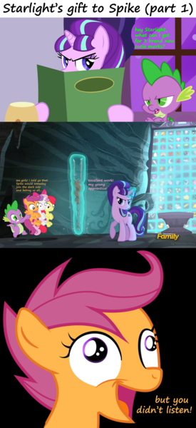 Size: 1500x3273 | Tagged: amending fences, apple bloom, artist:strawberry-pannycake, artist:tamalesyatole, artist:the-crusius, cave, comic, crusaders of the lost mark, cutie mark, cutie mark crusaders, cutie mark vault, cutie unmarking, derpibooru import, exploitable meme, i didn't listen, image macro, kidnapped, meme, restaurant, s5 starlight, safe, scootaloo, screencap, screencap comic, spike, staff, staff of sameness, starlight glimmer, sweetie belle, the cmc's cutie marks, the cutie map, vector edit