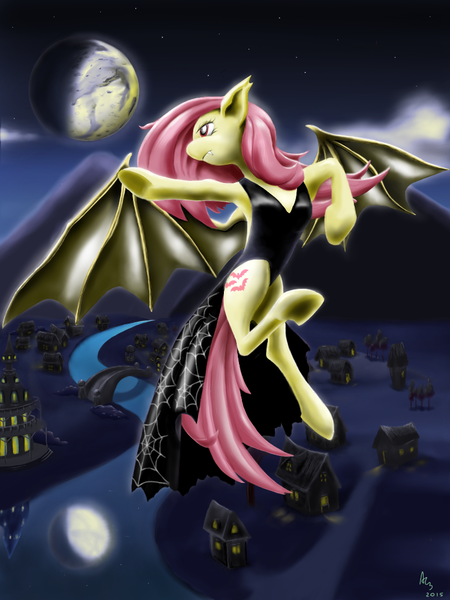 Size: 768x1024 | Tagged: safe, artist:a8702131, derpibooru import, fluttershy, bat pony, pony, scare master, black dress, clothes, dress, flutterbat, flying, moon, night, solo