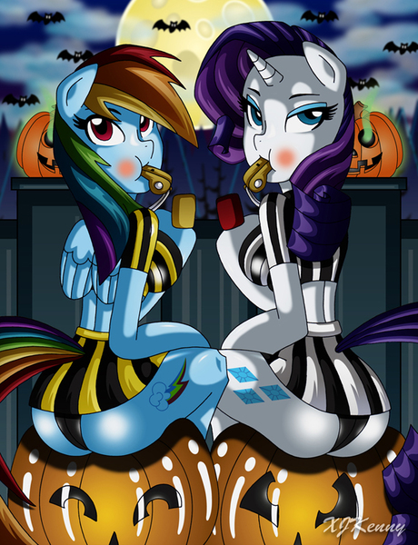 Size: 600x782 | Tagged: anthro, arm hooves, artist:xjkenny, ass, black underwear, blowing, blowing whistle, blushing, breasts, busty rainbow dash, busty rarity, clothes, commission, costume, derpibooru import, duo, duo female, female, halloween, jack-o-lantern, midriff, miniskirt, nightmare night, nightmare night costume, outfit, panties, puffy cheeks, pumpkin, rainblow dash, rainbow dash, rainbow dashs coaching whistle, rainbutt dash, rarity, rearity, red face, referee, referee rainbow dash, referee rarity, sitting, skirt, suggestive, the ass was fat, underwear, unguligrade anthro, upskirt, wedgie, whistle, whistle necklace