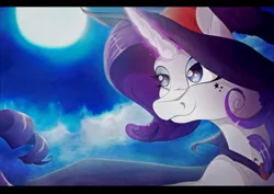 Size: 800x566 | Tagged: artist:oobrushstrokeoo, derpibooru import, glowing horn, hat, moon, night, rarity, safe, solo, witch hat