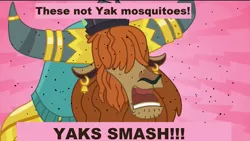 Size: 1920x1080 | Tagged: caption, derpibooru import, edit, edited screencap, hair over eyes, image macro, male, meme, mosquito, mosquitoes, party pooped, prince rutherford, safe, screencap, solo, yak, yak smash