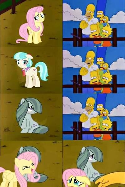Size: 552x824 | Tagged: safe, artist:caretas, derpibooru import, coco pommel, fluttershy, marble pie, hearthbreakers, abuse, crying, cute, flutterbuse, image, jpeg, marblebetes, shyabetes, slap, the council of shy ponies, the simpsons