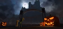 Size: 1280x600 | Tagged: safe, artist:comradeunicorn, derpibooru import, trixie, pony, unicorn, 3d, female, gate, halloween, house, jack-o-lantern, mare, moon, night, pumpkin