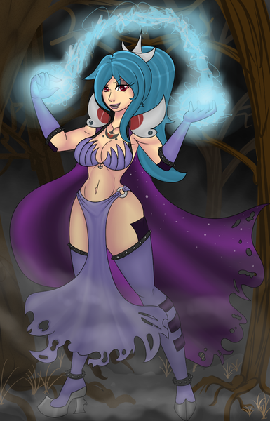 Size: 786x1225 | Tagged: artist:stubbornstallion, cape, clothes, derpibooru import, female, glowing hands, high heels, human, humanized, humanized oc, mage, magic, oc, oc:arcane shade, shoes, solo, solo female, suggestive, tree, unofficial characters only